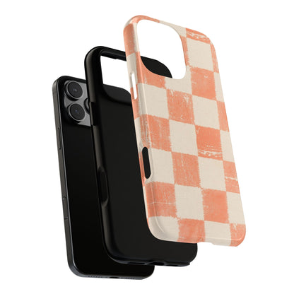 Peach Checkerboard Tough Phone Case — Retro Distressed Grid Design
