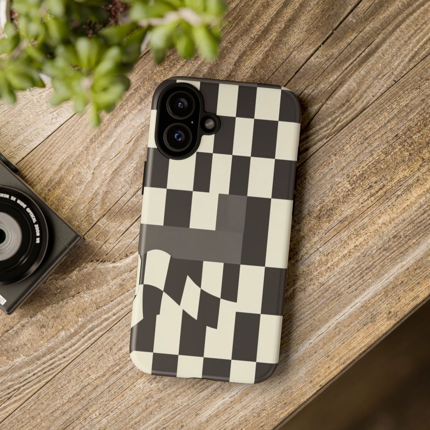 Checkerboard Wave Phone Case — Black & Cream Graphic Tough Case