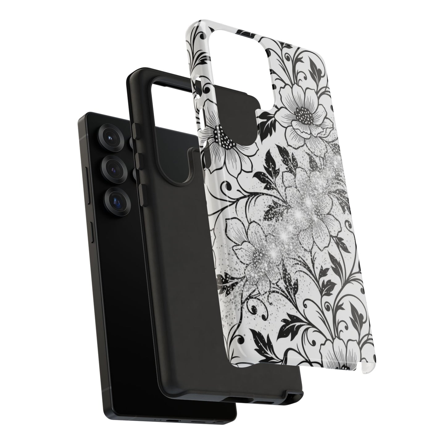 Floral Lace Phone Case — Black & White Vintage Flower Protective Case