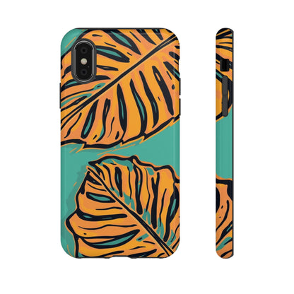 Tropical Leaf Tough Phone Case — Orange Monstera Design on Teal