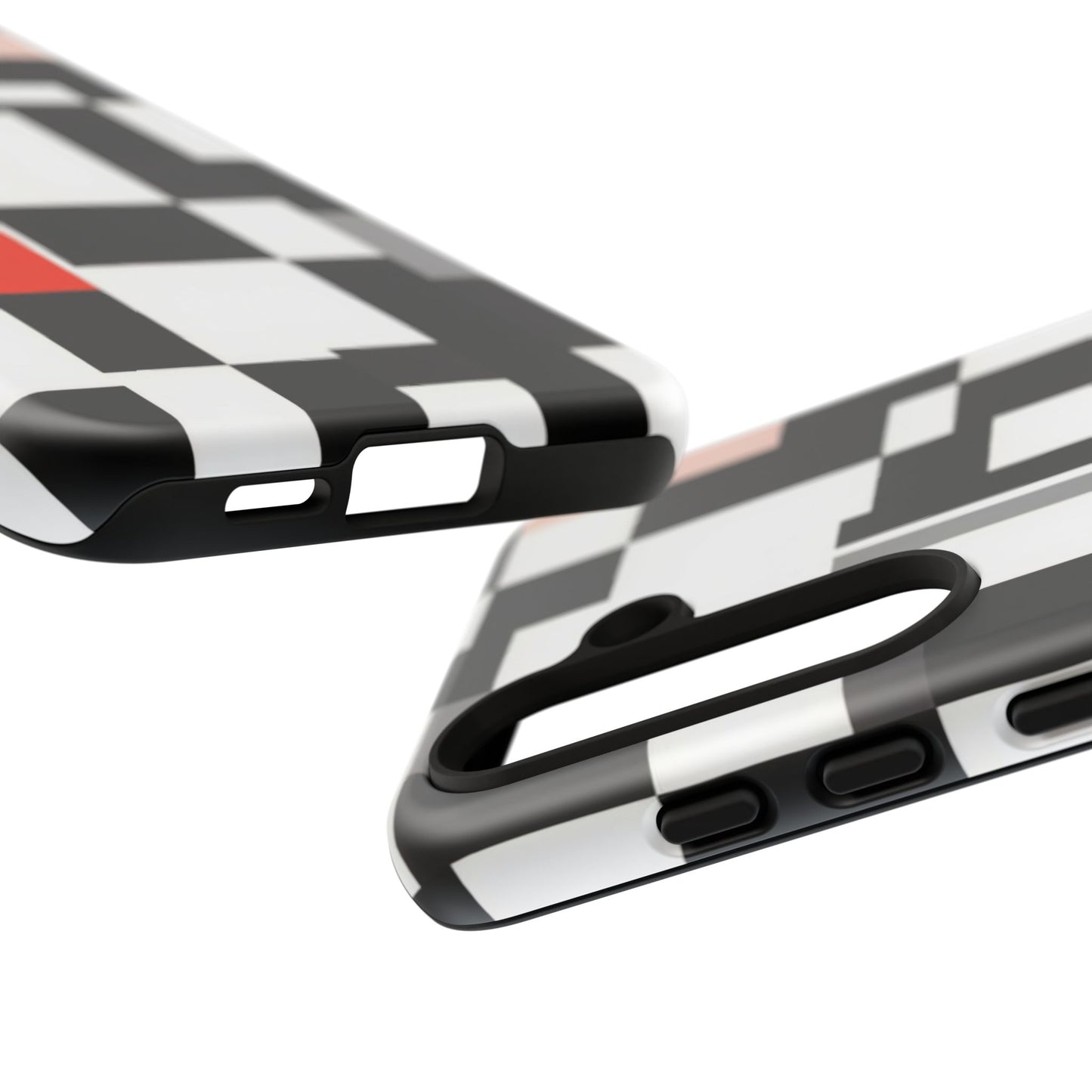 Abstract Geometric Phone Case – Black & White Checker Grid with Red Accent