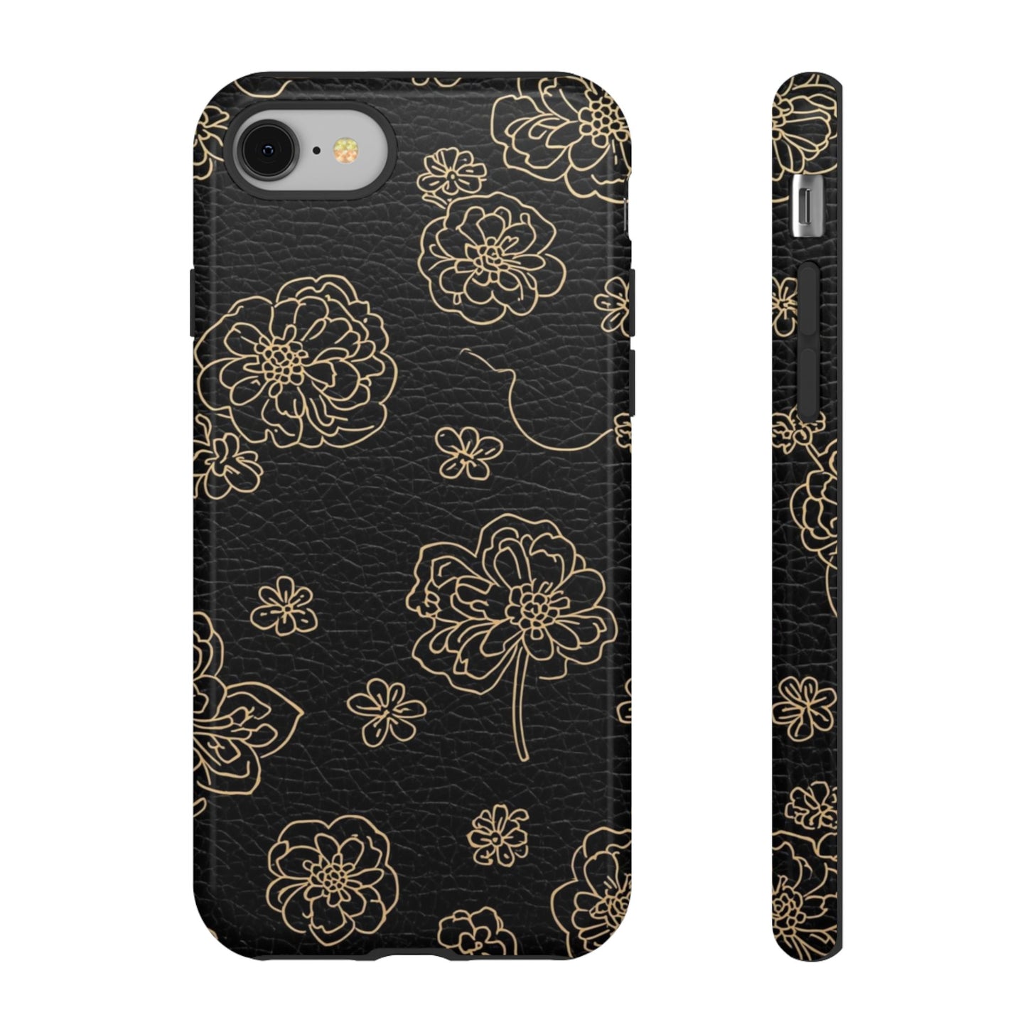 Floral Leather-Texture Tough Case – Black Gold Outline Phone Cover