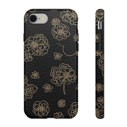 Floral Leather-Texture Tough Case – Black Gold Outline Phone Cover
