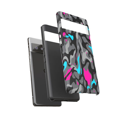 Camouflage Phone Case — Gray Camo with Neon Pink & Cyan Accent Tough Protective Cover