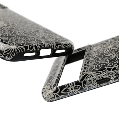 Floral Doodle Tough Phone Case — Black & White Sketch Flower Protective Cover