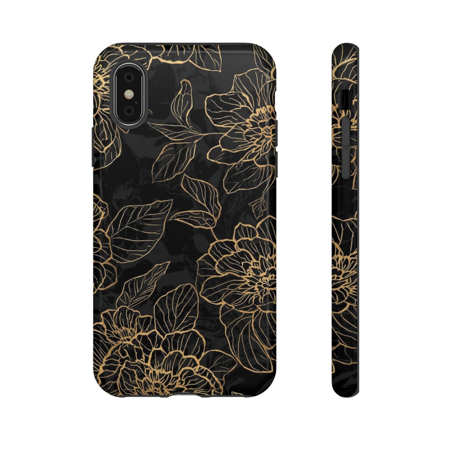 Floral Gold Outline Tough Phone Case – Black Botanical Protective Cover