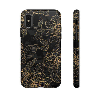Floral Gold Outline Tough Phone Case – Black Botanical Protective Cover