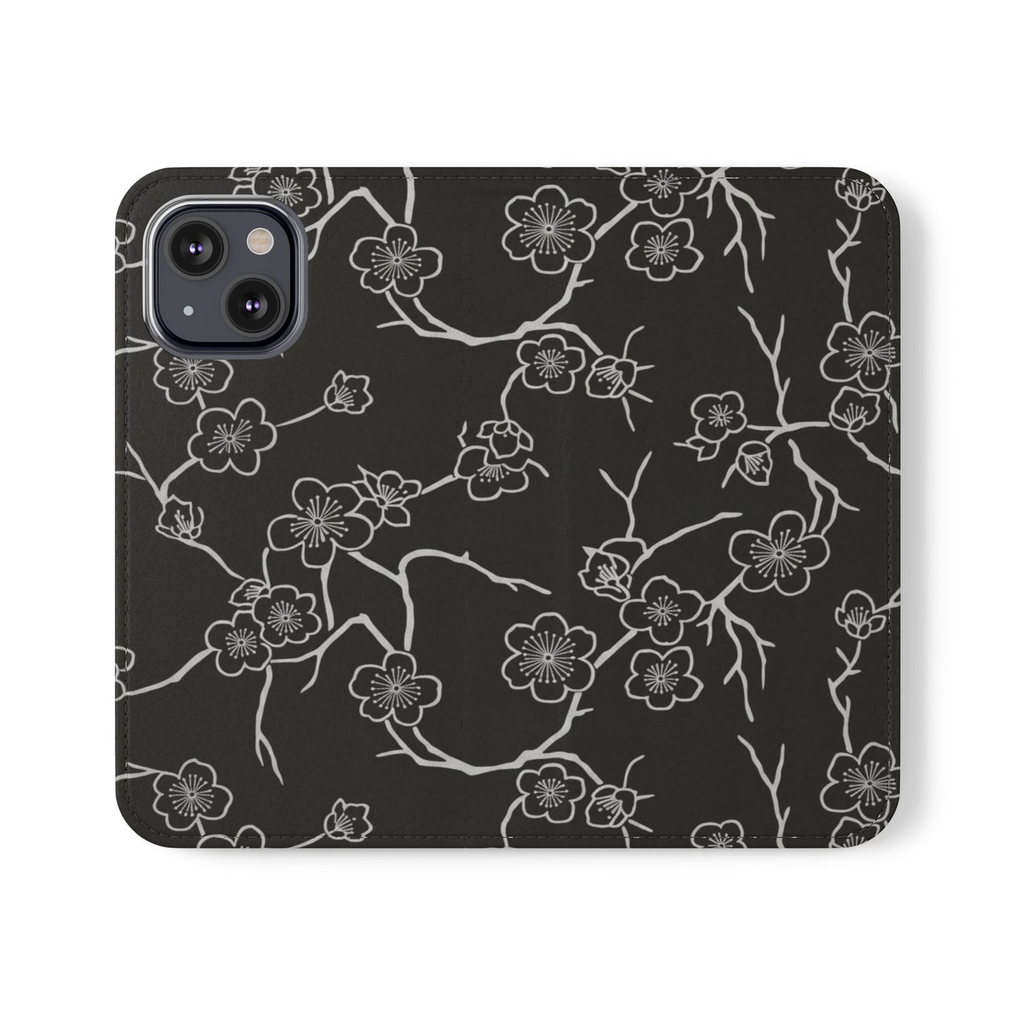 Black Cherry Blossom Flip Phone Case – Floral Wallet Flip Case with Card Slots