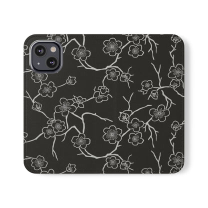 Black Cherry Blossom Flip Phone Case – Floral Wallet Flip Case with Card Slots