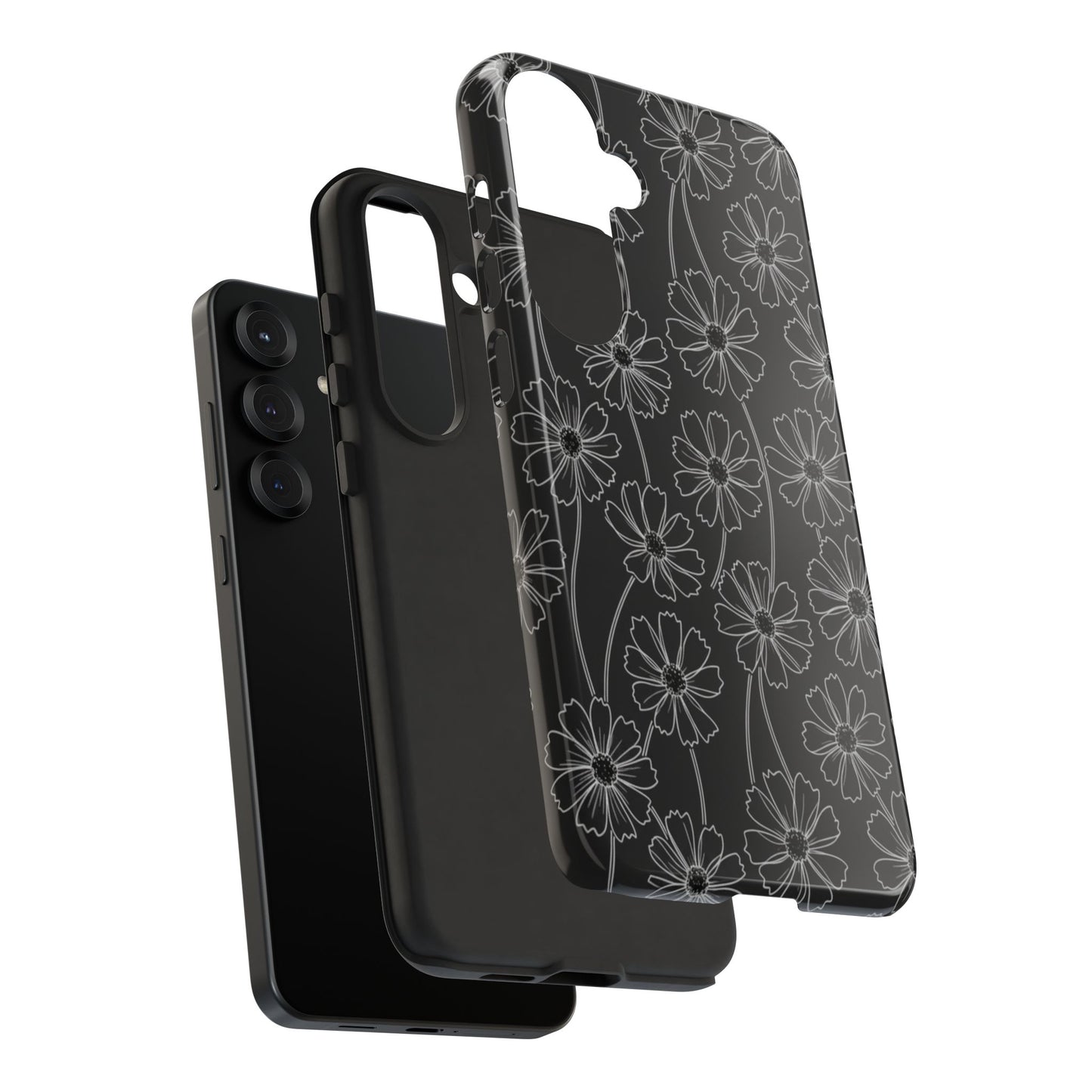Floral Doodle Tough Phone Case — Black & Gray Daisy Pattern
