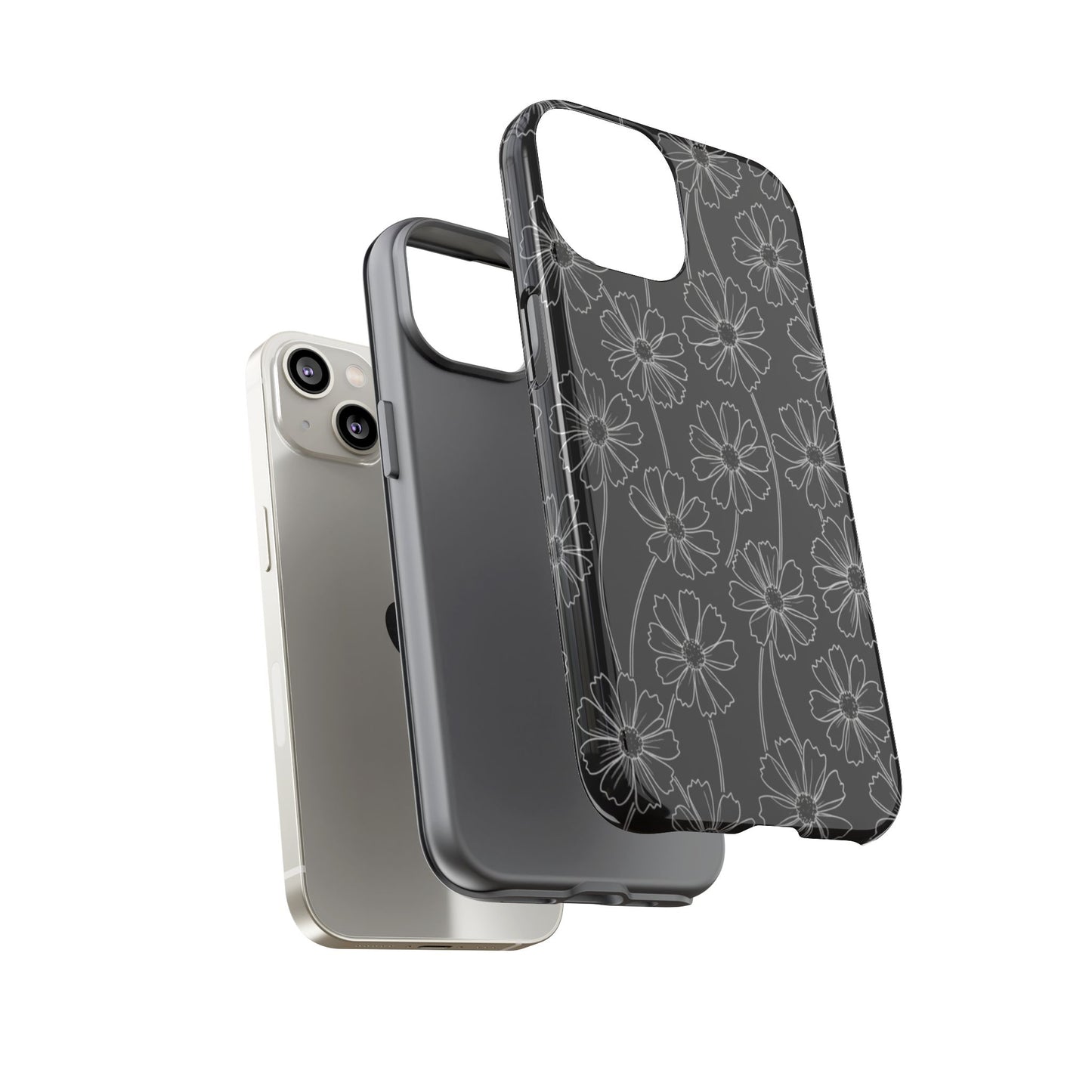 Floral Doodle Tough Phone Case — Black & Gray Daisy Pattern