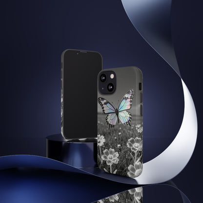 Butterfly Field Tough Phone Case — Pastel Holographic Butterfly on Black & White Floral Background