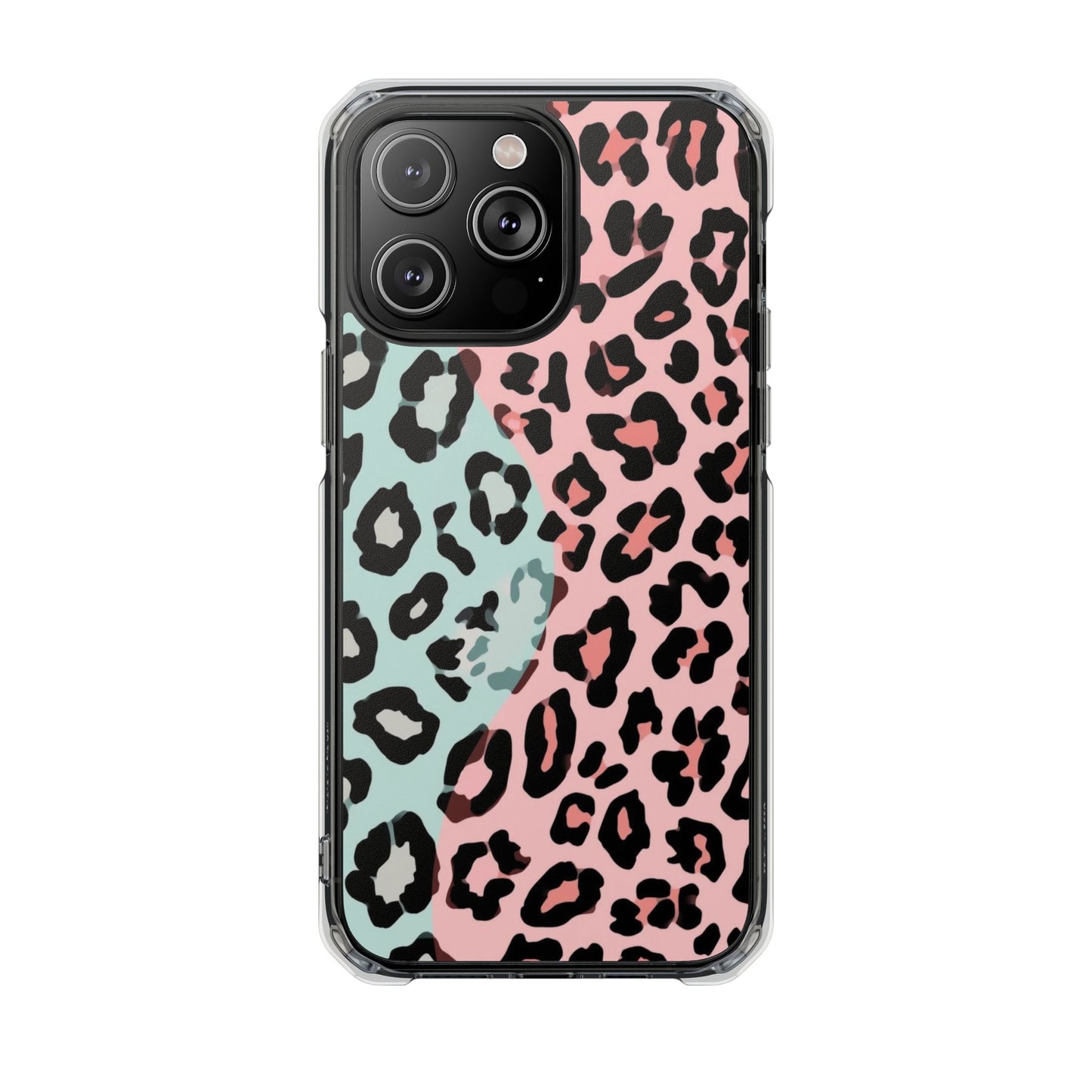 Clear Magnetic Phone Case — Pink & Mint Leopard Print