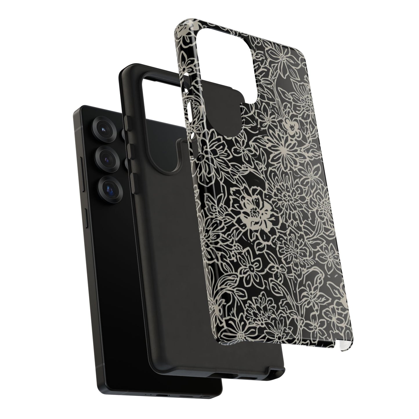 Floral Doodle Tough Phone Case — Black & White Sketch Flower Protective Cover