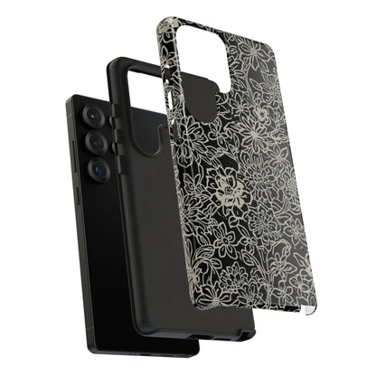 Floral Doodle Tough Phone Case — Black & White Sketch Flower Protective Cover