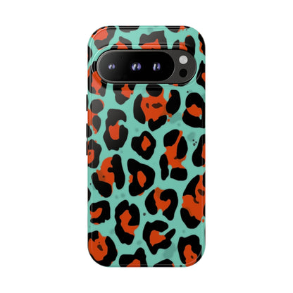 Leopard Print Tough Phone Case — Teal & Rust Protective iPhone Cover