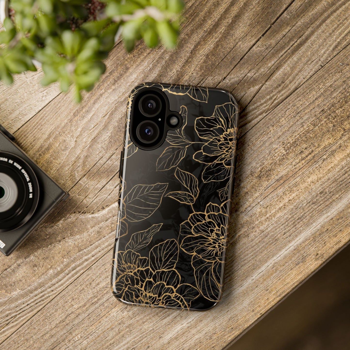 Floral Gold Outline Tough Phone Case – Black Botanical Protective Cover