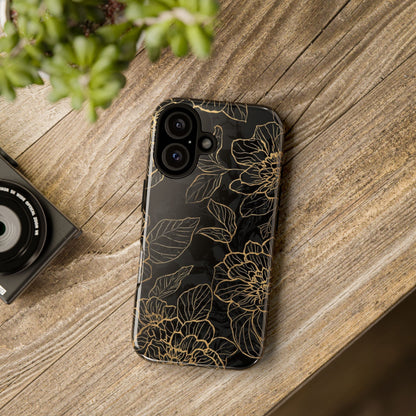 Floral Gold Outline Tough Phone Case – Black Botanical Protective Cover