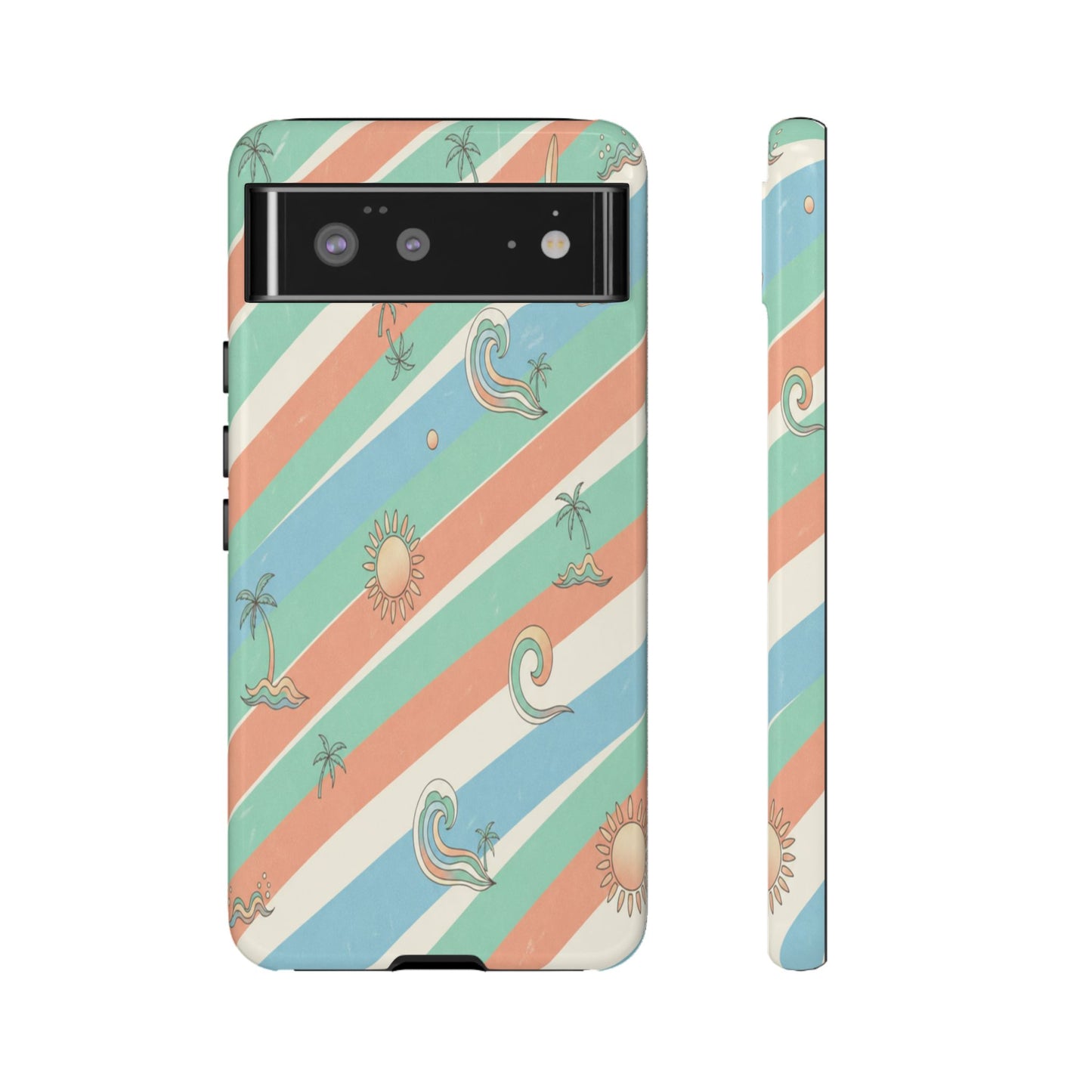 Retro Beach Stripes Phone Case — Sun, Waves & Palm Pattern Tough Case