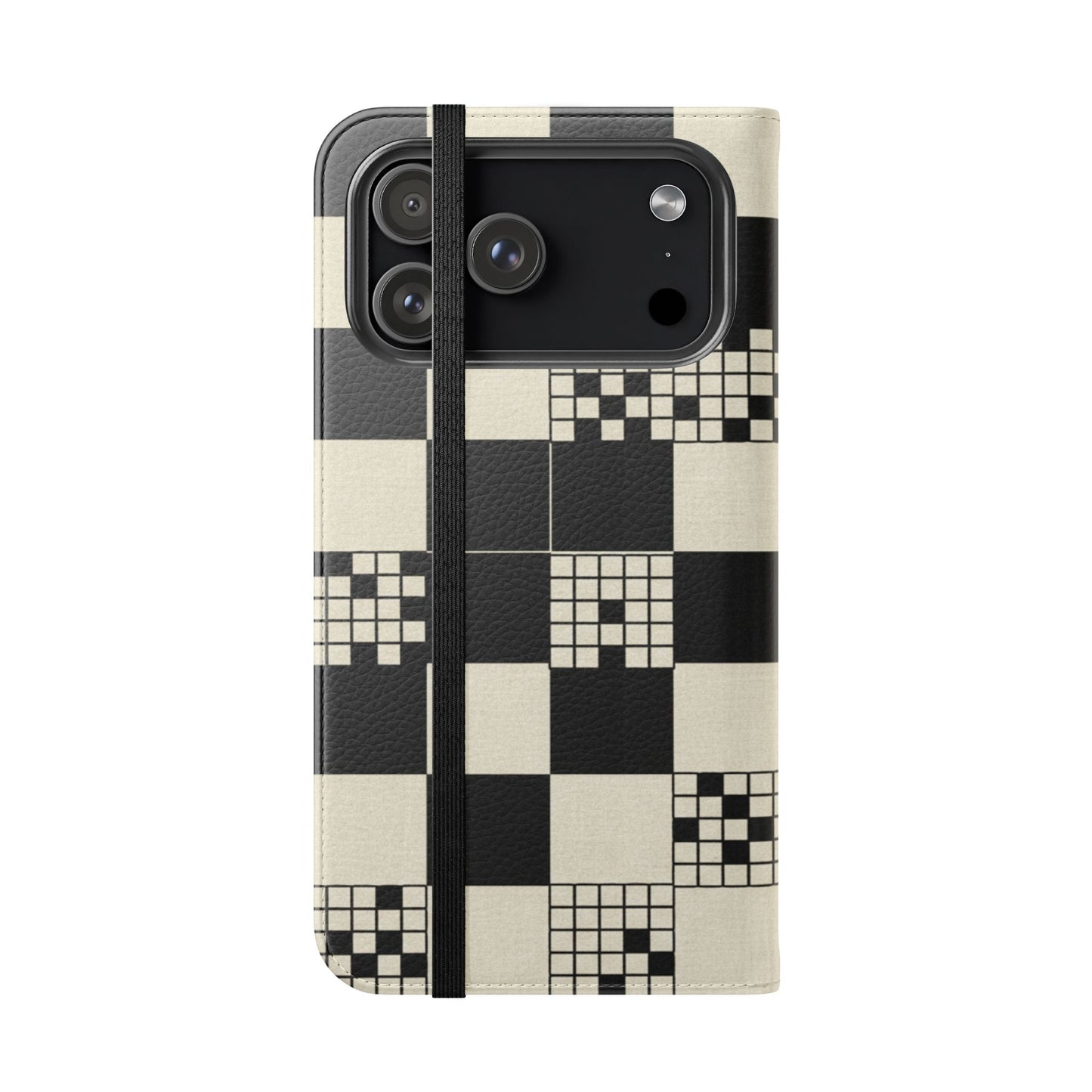 Checkerboard Flip Phone Case – Retro Black & Cream Geometric Wallet Case