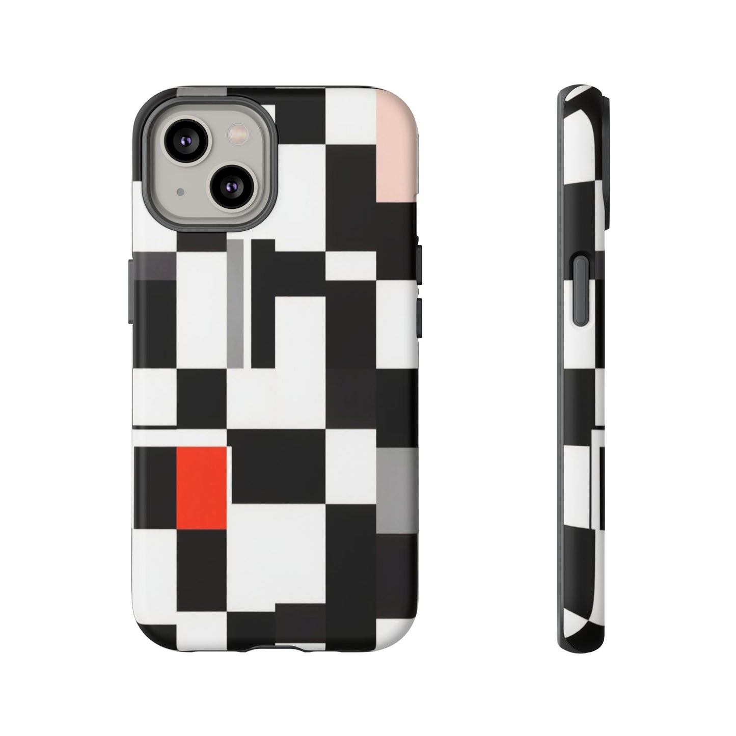 Abstract Geometric Phone Case – Black & White Checker Grid with Red Accent