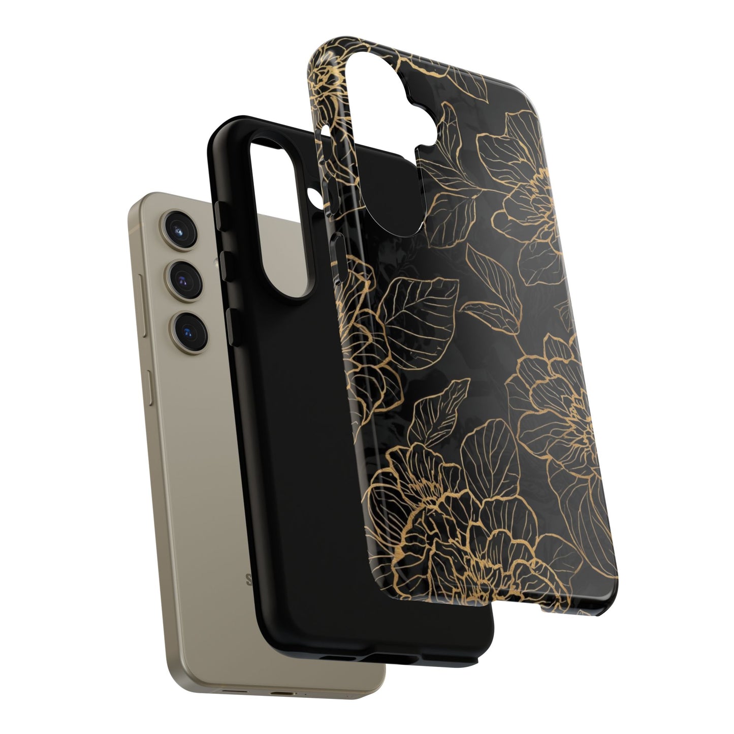 Floral Gold Outline Tough Phone Case – Black Botanical Protective Cover