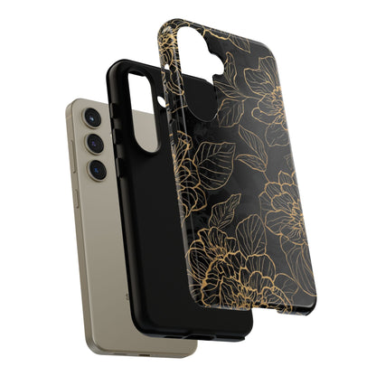 Floral Gold Outline Tough Phone Case – Black Botanical Protective Cover