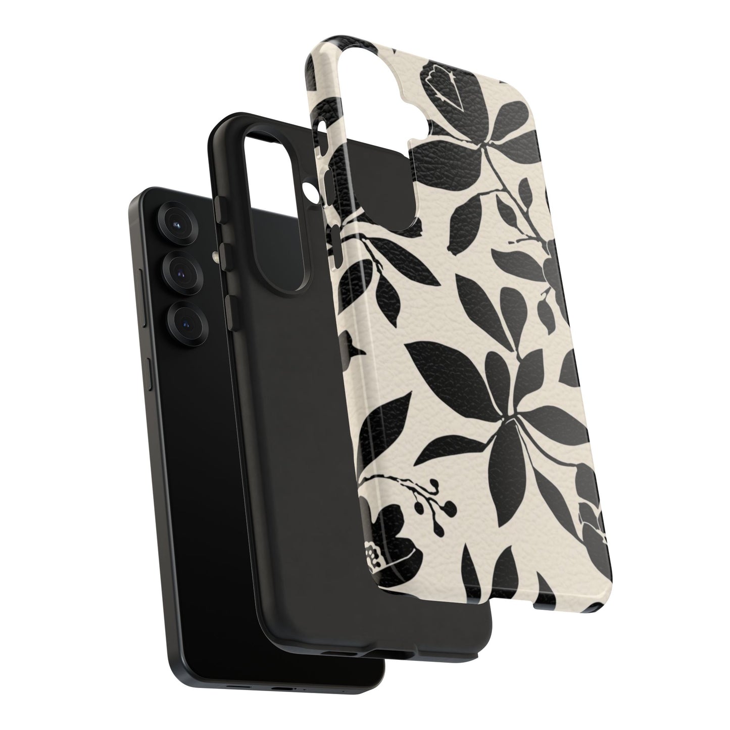 Black Floral Pattern Phone Case — Monochrome Botanical Tough Case