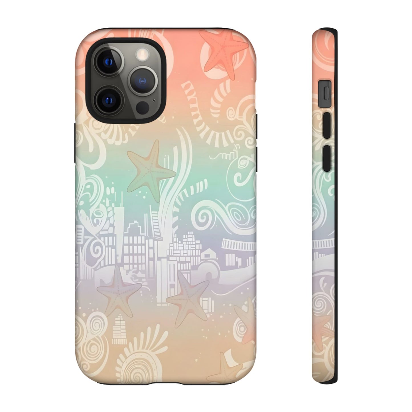 Tough Cases: Pastel Beach Pattern Phone Case — Starfish & Coastal Cityscape Protective Cover