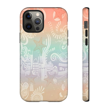 Tough Cases: Pastel Beach Pattern Phone Case — Starfish & Coastal Cityscape Protective Cover