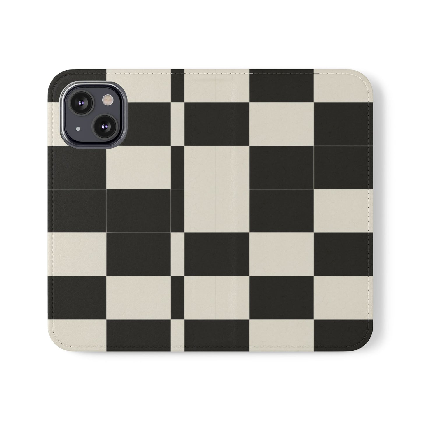 Checkered Flip Phone Case – Black & Cream Retro Grid Wallet Case