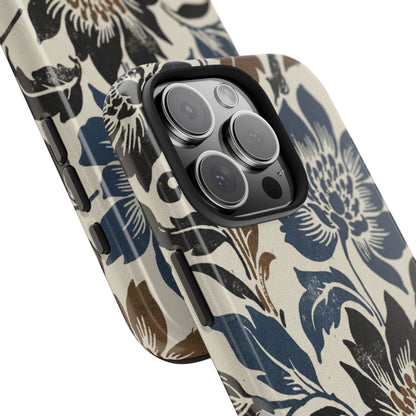 Floral Vintage Tough Phone Case — Blue & Brown Botanical Protection