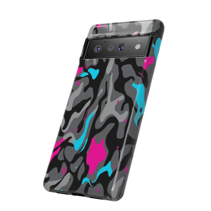 Camouflage Phone Case — Gray Camo with Neon Pink & Cyan Accent Tough Protective Cover