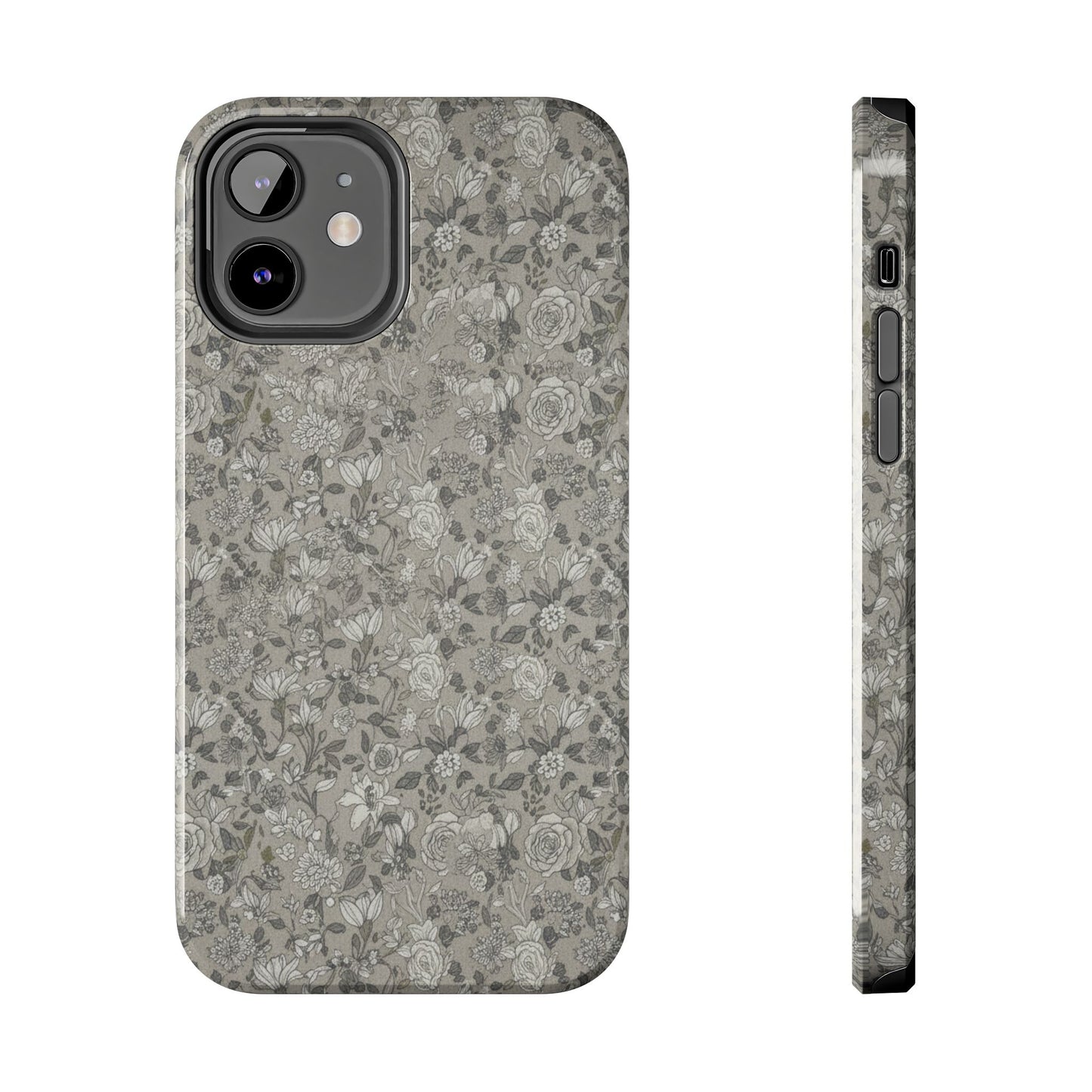 Gray Floral Tough Phone Case — Durable Protective Phone Cover with Vintage Botanical Pattern