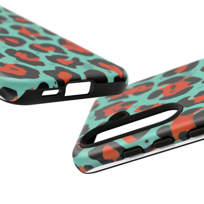 Leopard Print Tough Phone Case — Teal & Rust Protective iPhone Cover