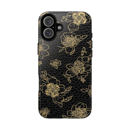 Floral Leather Phone Case — Gold Outline Flowers on Black Tough Case