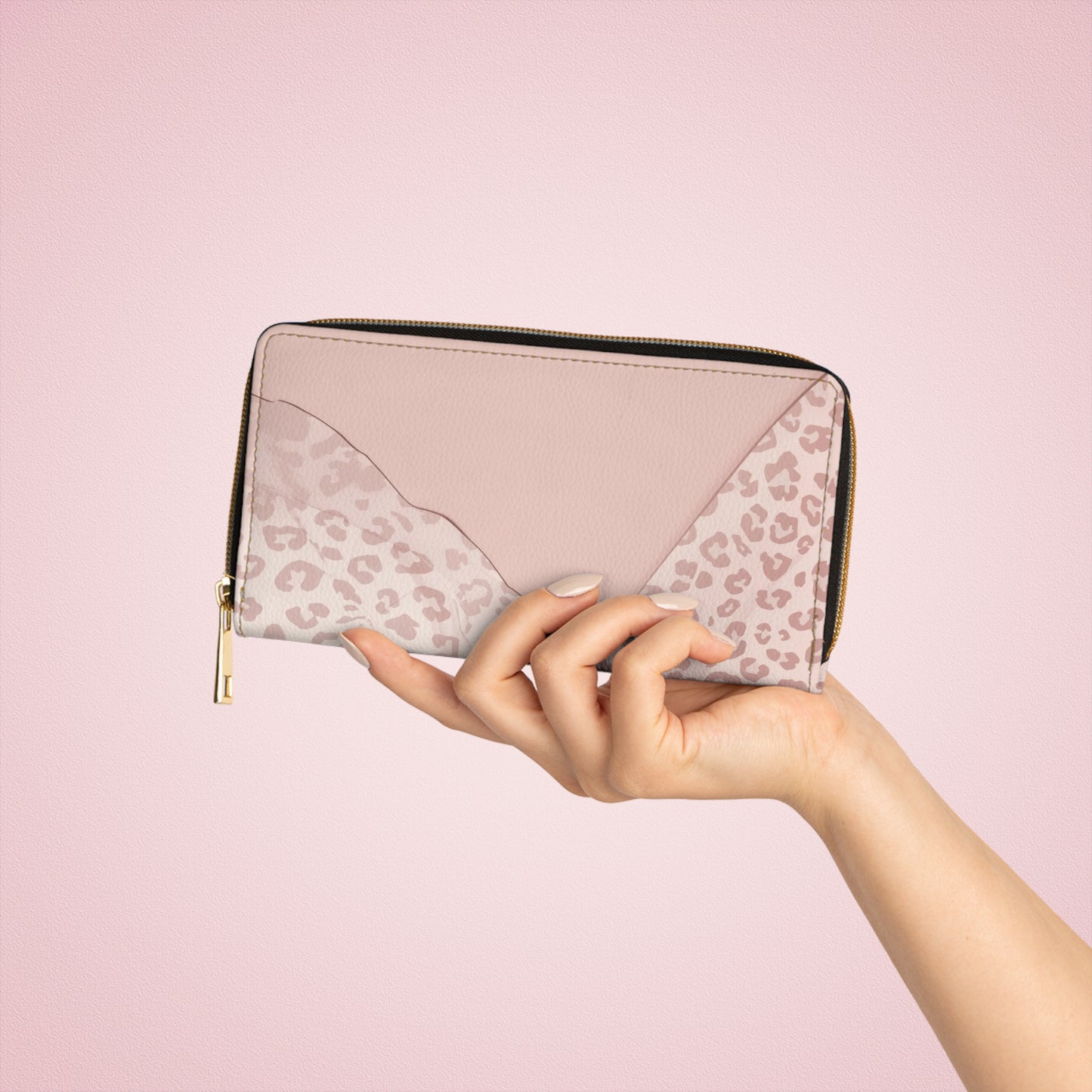 Zipper Wallet — Blush Pink Leopard Patchwork Leather Wallet