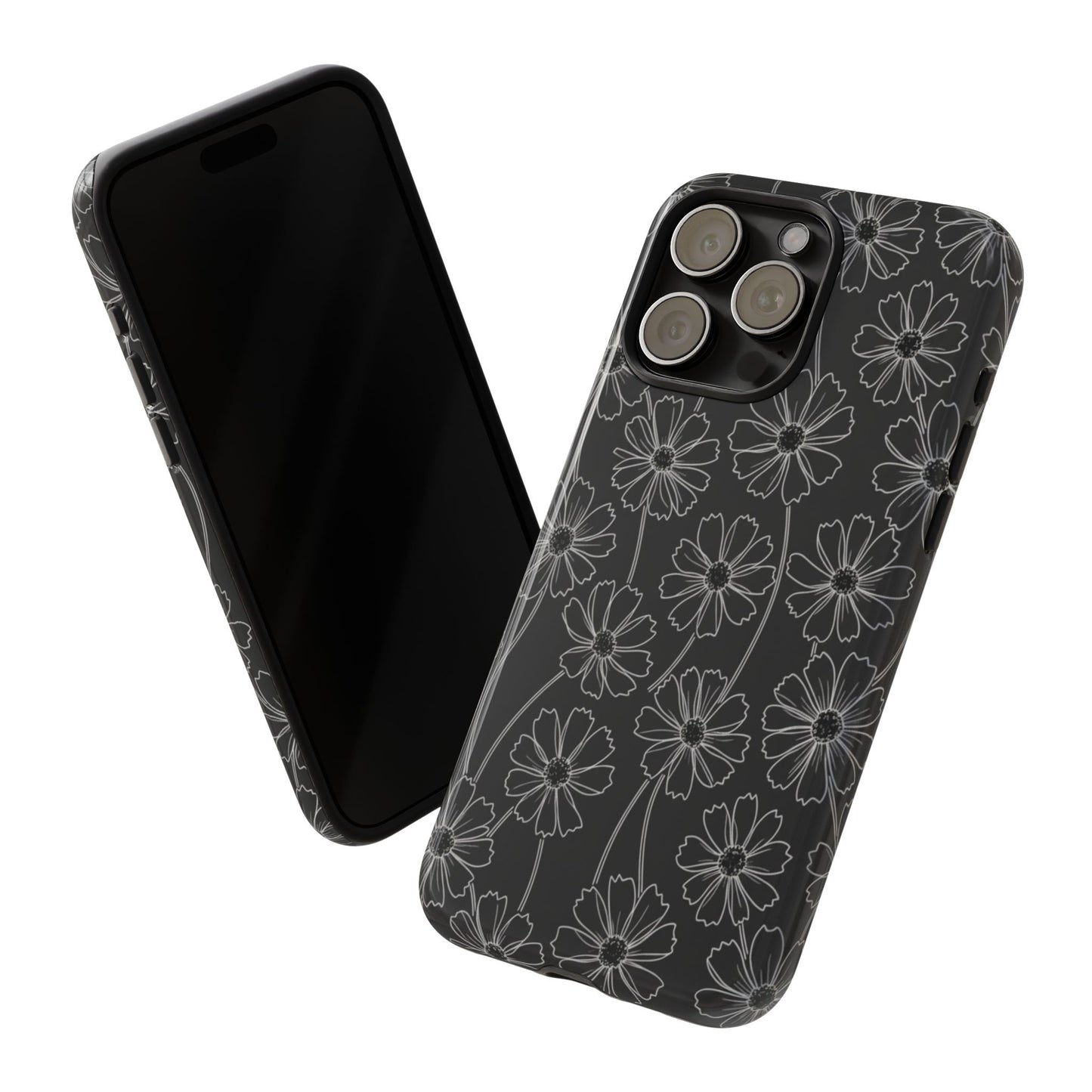 Floral Doodle Tough Phone Case — Black & Gray Daisy Pattern