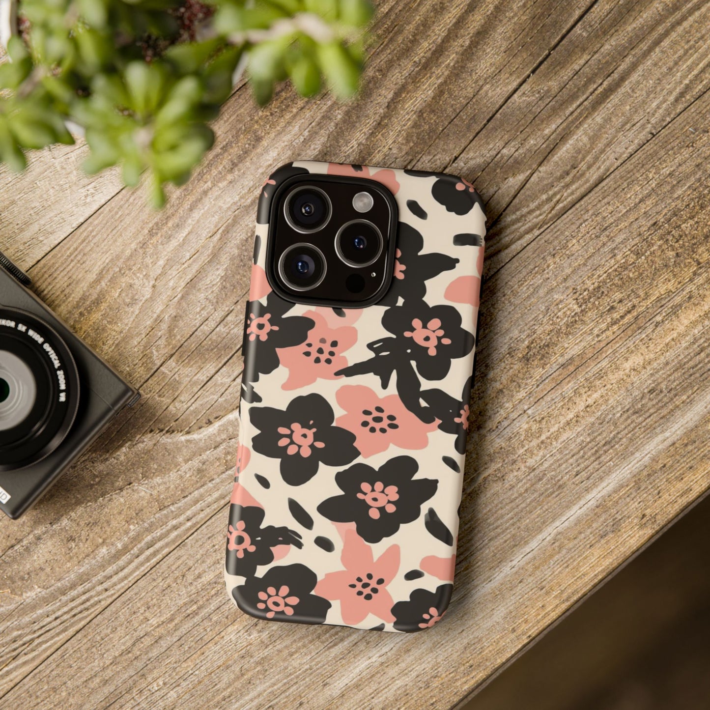 Floral Phone Case — Pink & Black Retro Blossom Protective Cover
