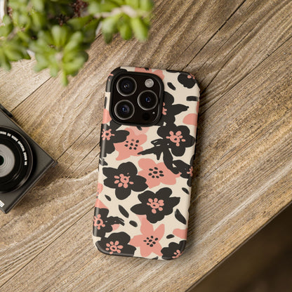 Floral Phone Case — Pink & Black Retro Blossom Protective Cover