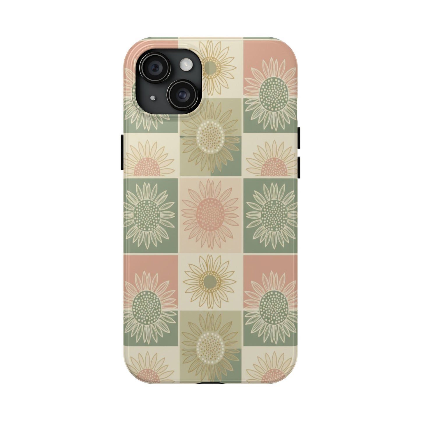 Sunflower Check iPhone Tough Phone Case — Retro Pastel Floral Protective Cover