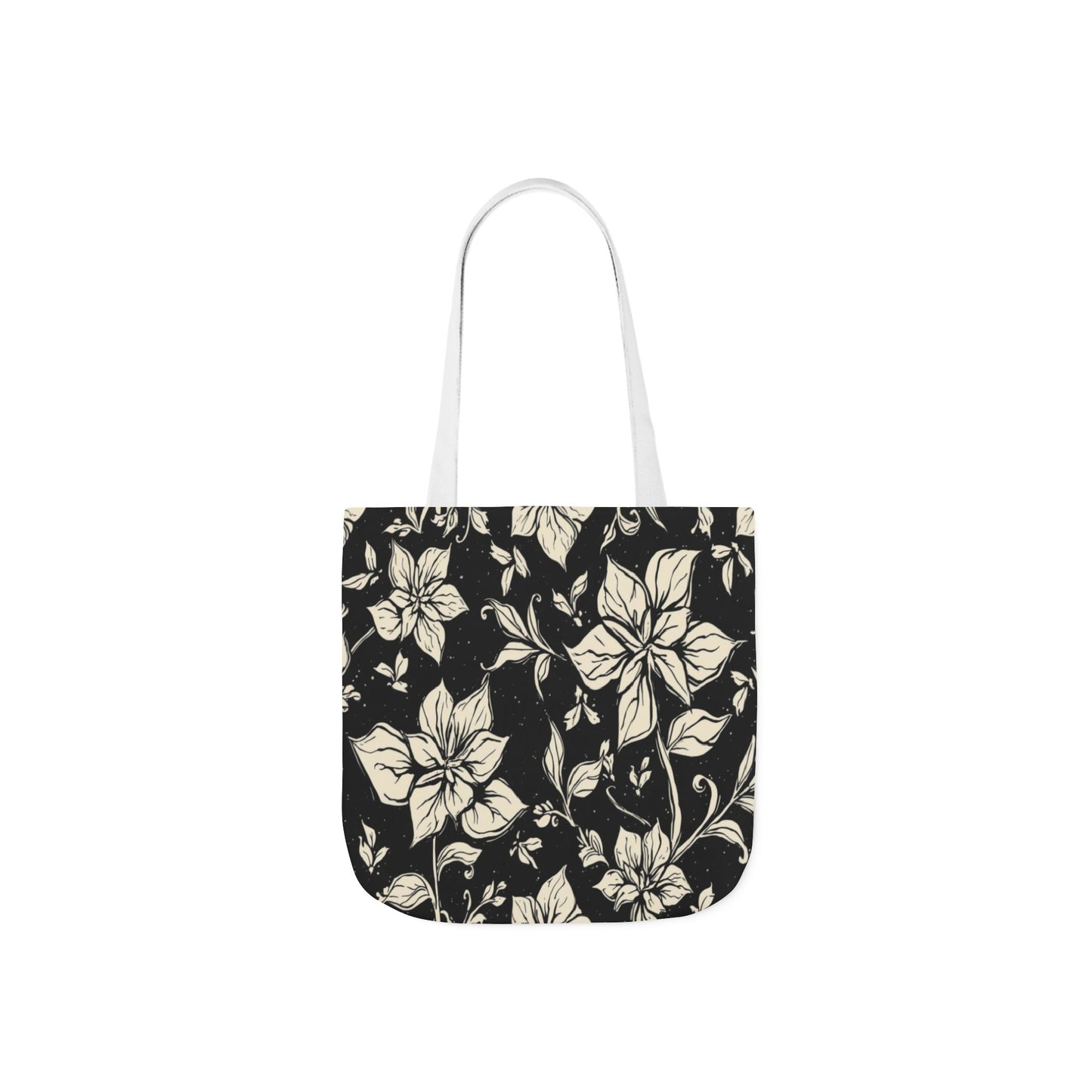 Vintage Floral Canvas Tote Bag – Black & Cream Flower Pattern with Contrast Straps