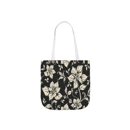 Vintage Floral Canvas Tote Bag – Black & Cream Flower Pattern with Contrast Straps