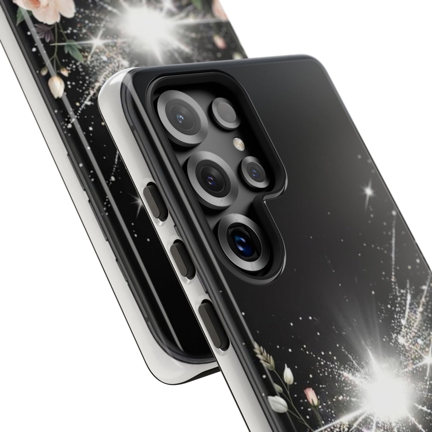 Floral Burst Phone Case — Protective Black Sparkle Design