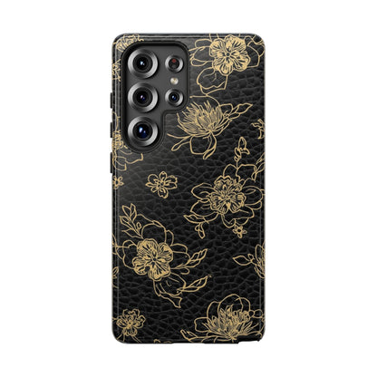Floral Leather Phone Case — Gold Outline Flowers on Black Tough Case