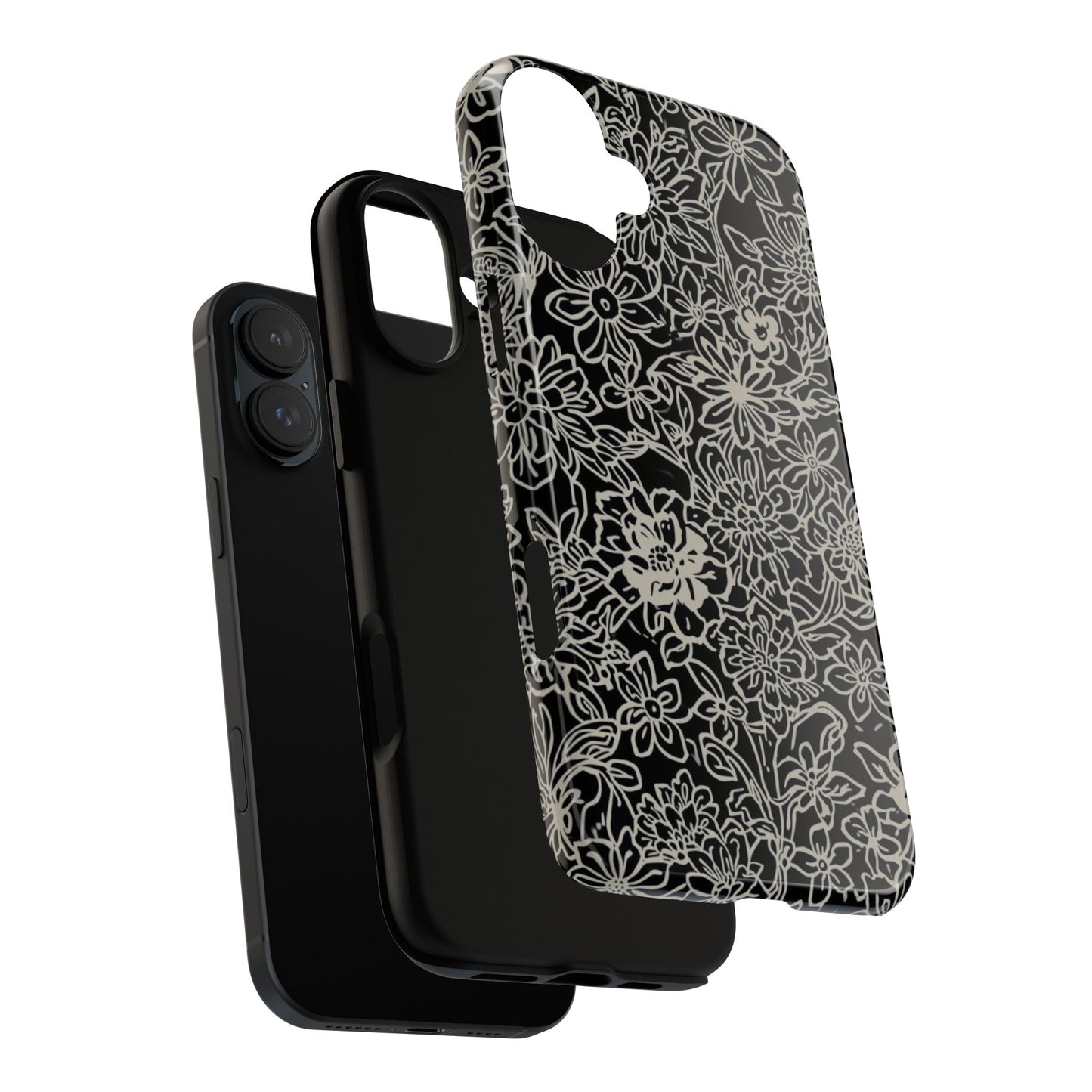 Floral Doodle Tough Phone Case — Black & White Sketch Flower Protective Cover