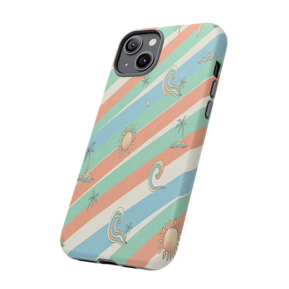 Retro Beach Stripes Phone Case — Sun, Waves & Palm Pattern Tough Case