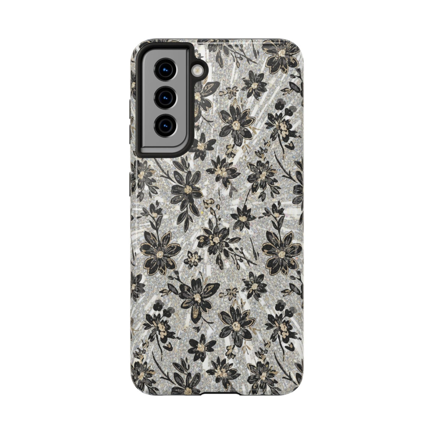 Floral Vintage Tough Phone Case — Black & Gray Rustic Flower Protective Case