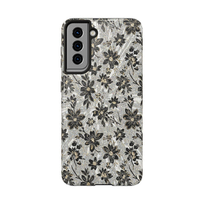Floral Vintage Tough Phone Case — Black & Gray Rustic Flower Protective Case