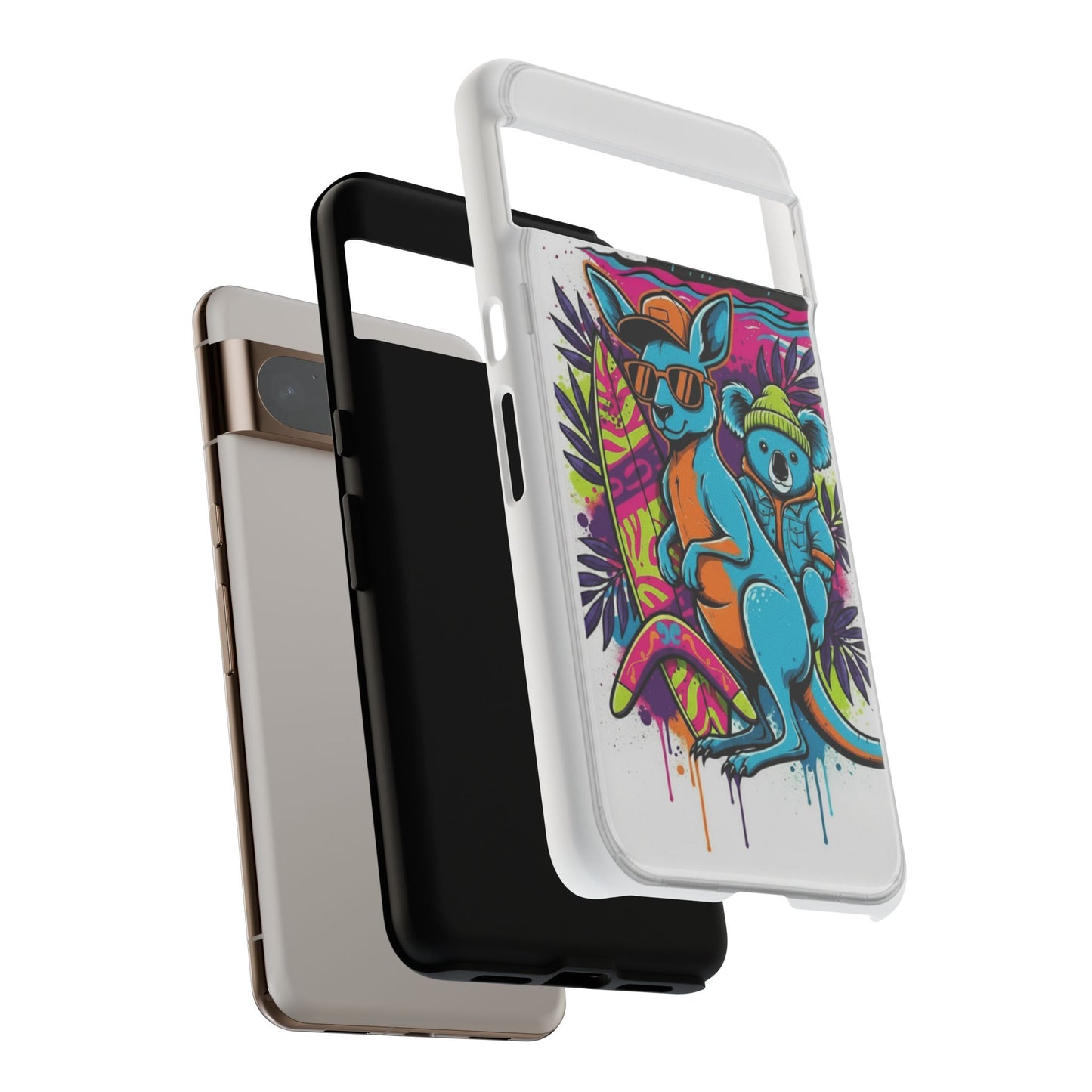 Kangaroo & Koala Surf Phone Case — Retro Neon Beach Art Tough Case